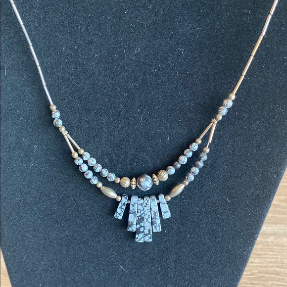 Vintage Hematite Silver Plate Bead Flower Collar Necklace - Picture 2 of 4